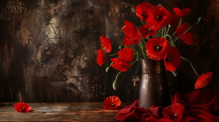 Canvas Print - Bright red poppies arranged in a rustic vase on a wooden surface.