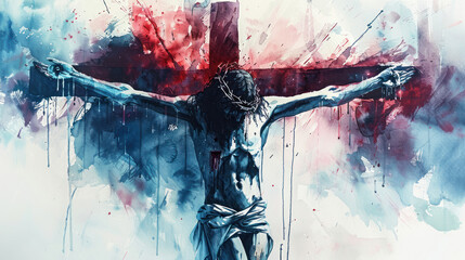 The Crucifixion illustrated with bold, dramatic watercolor strokes.