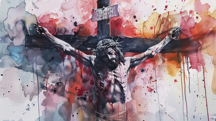 The Crucifixion illustrated with bold, dramatic watercolor strokes.