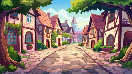 Wall Mural - German town street with old building and vintage cottage exterior. Medieval European city cartoon fantasy background. Pavement texture road in ancient Amsterdam.