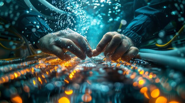 engineer's hands working with fiber optic cables, with underwater views of cable lines