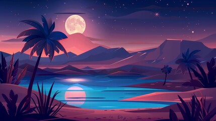 Wall Mural - An exotic palm tree silhouette stands near a desert river, sand dunes on the horizon, full moon, stars glow in the dark sky, natural background in black, white, and cyan colors.