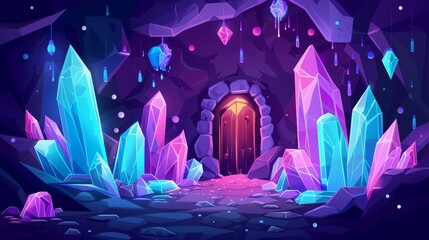 Canvas Print - Dark dungeon scene with glowing jewels and mystical doors. Cartoon modern illustration of dungeon with gemstone crystals in rocky walls.