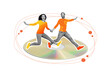 © deagreez - Collage picture of two excited mini partners hold arms jumping run big cd disc isolated on painted creative background