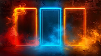 Poster - set of neon lights doors isolated on transparent background. modern realistic illustration of smoke,