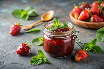 Wall Mural - A jar of homemade strawberry, healthy jam with mint on a black background. Conservation and harvesting in summer.