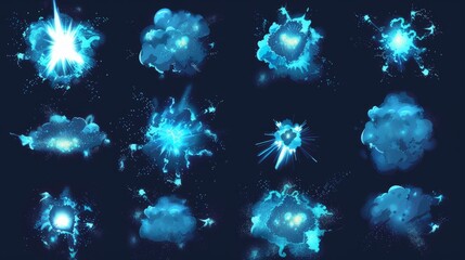 Poster - The graphic of a blue explosion is isolated on a black background. Modern illustration of light spots, blast boom effects, smoke clouds spreading and disappearing in the air, and a magic power strike