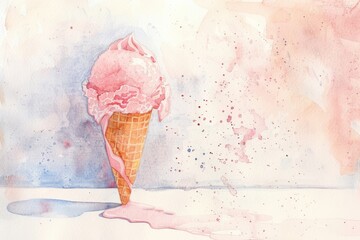 Sticker - Exquisite Watercolor Artwork Featuring a Dripping Ice Cream Cone