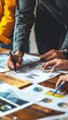 © T - Design a detailed close-up illustrating a team collaborating on a digital marketing strategy, blending photorealistic and CG elements