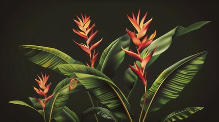 Poster - Bright exotic flowers and lush greenery against a dark background - ideal for artistic and decorative use