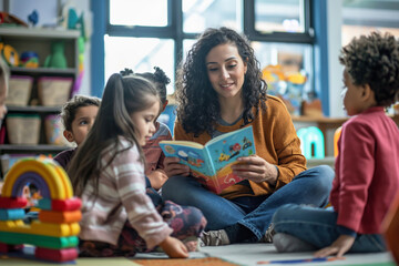 Woman reading a colorful picture book to attentive children in a bright classroom setting