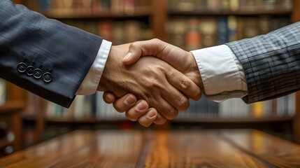 Wall Mural - Lawyer shaking hands with a client in an office, representing trust and partnership in the legal process. List of Art Media Photograph inspired by Spring magazine