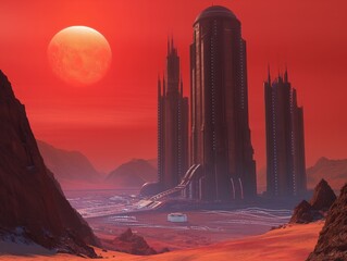 Wall Mural - A red planet with a large moon in the sky