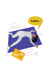 Sticker - Photo cartoon comics sketch collage picture of tired lying lady worker delaying working plans later isolated drawing background