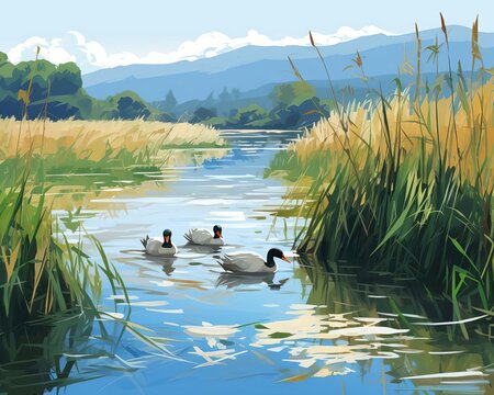 Three ducks are swimming in a river. The river is surrounded by tall grass and reeds. In the distance are rolling hills. The sky is blue with a few white clouds.