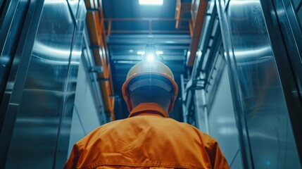 Wall Mural - investors and technician,engineer wearing a hatHelmet Inside Lift. Construction of elevator repair maintenance . Concept.