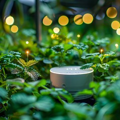 Smart garden device in lush green indoor garden with bokeh lights, promoting modern and efficient gardening solutions.