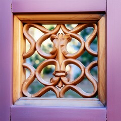 Wall Mural - stained glass window.close-up of wooden window trim with intricate carvings, showcasing both its functional and decorative aspects