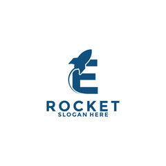 Letter E rocket logo design, rocket launch logo vector image with letter