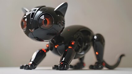 Aufkleber - This black robot cat is perched on a table. Black Robot Cat Standing on Table