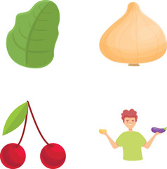 Poster - healthy eating icons set cartoon vector. man eating fruit and vegetable. diet, organic nutrition