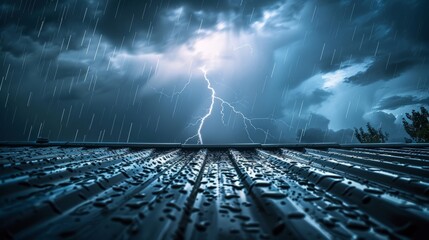 A powerful lightning storm with heavy rain over a house, capturing the dramatic and intense weather.