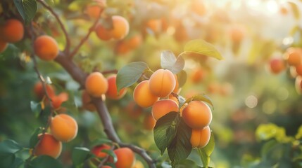 Wall Mural - Ripe Apricots Hanging on Branches in a Summer Orchard Scene