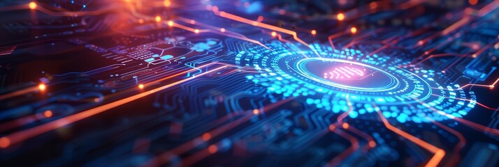 Poster - a computer circuit board with a glowing blue and red design
