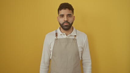 Canvas Print - A handsome young hispanic man with a beard, wearing an apron, poses against an isolated yellow background.