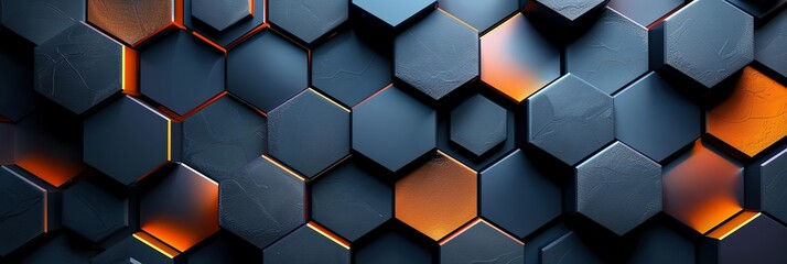 Poster - a wall of hexagonal shapes with orange lights on them and a black background .