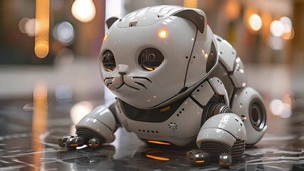Leinwandbilder - This Robot cat sitting on shiny marble floor. Robot Cat Sitting on Marble Floor