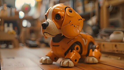 Leinwandbilder - This robotic canine perched on a wooden surface. Robot cocker spaniel puppy