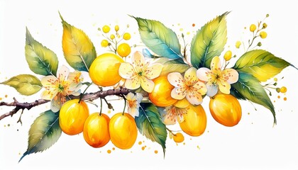 Sticker - mirabelle plum prunus domestica with leaves and blooming flowers watercolour illustration of yellow mirabelle plum branch isolated on white