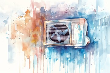 Wall Mural - Watercolor Depiction of a Faulty Air Conditioner with a Leak