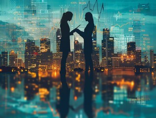 Triple exposure, two business people, a man and a woman, handing over documents, city skyline, stock dynamic change curve chart, the overall tone is dark blue combined with light blue, with clear prio