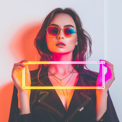 Poster - A stylish woman holding a neon signboard with vibrant colors and glowing effects