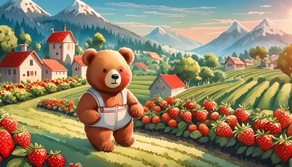 Wall Mural - teddy bear in the garden with strawberries