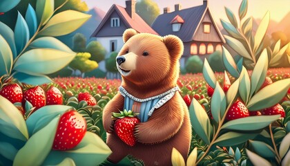 Wall Mural - teddy bear in the garden with strawberries