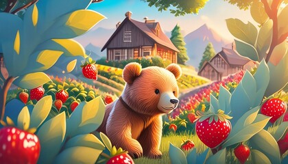 Wall Mural - teddy bear in the garden with strawberries