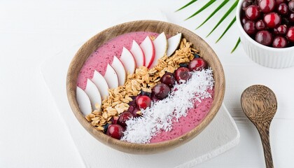 Poster - top view of berry smoothie bowl with granola coconut generative ai