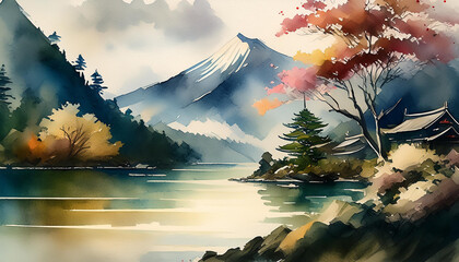 Wall Mural - Watercolor painting of Japanese landscape. Beautiful natural scenery with mountain and lake.