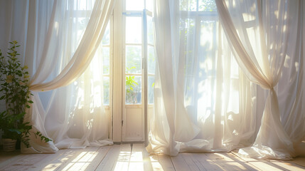 Poster - A visually appealing image of a sunlit room with an open window and billowing sheer curtains