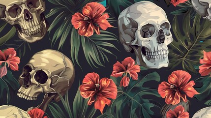 Sticker - seamless pattern with skulls and flowers on a background