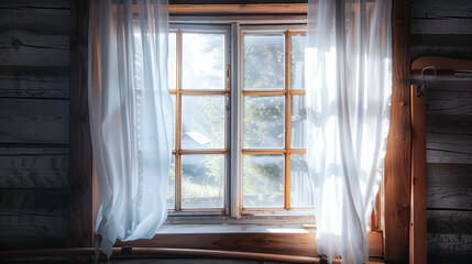 Poster - A wooden window frame of a quaint cottage in the countryside