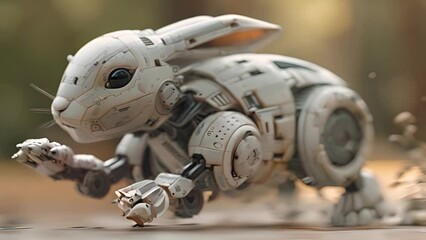 Aufkleber - This white robot bunny is seen running swiftly on the ground. White Robot Bunny Running on Ground