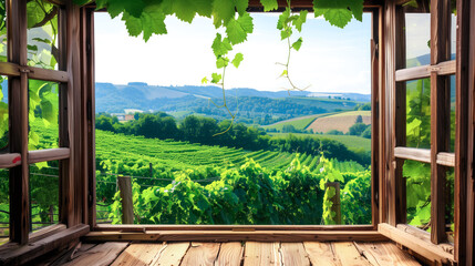 Wall Mural - A wooden window frame with a view of a scenic vineyard