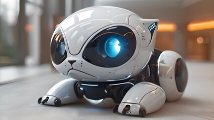 Leinwandbilder - This white robot with blue eyes is seated on the floor. White Robot With Blue Eyes Sitting on Floor