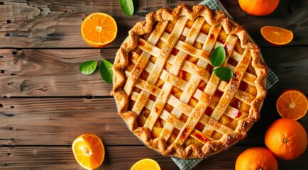 Canvas Print - Homemade orange pie on a wooden table, top view.