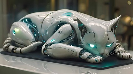 Leinwandbilder - This robot cat rests on top of a table. Robot Cat Laying on Table