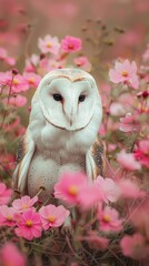 Wall Mural - A white owl sitting in a field of pink flowers